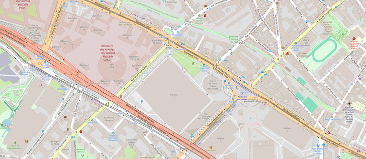 Alentour du Dome porte de Versailles en screenshot OSM avec les petites rues mitoyennes