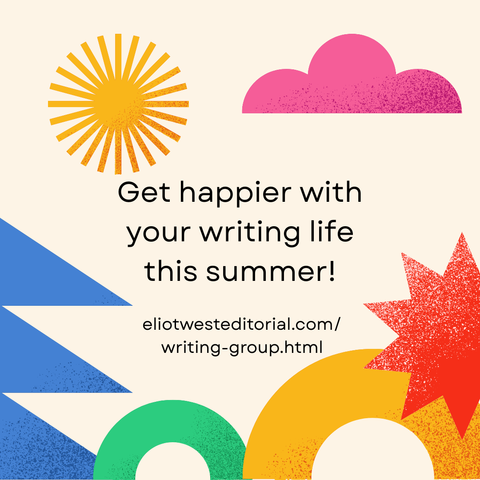 brightly colored sun and shapes with the text Get happier with your writing life this summer!