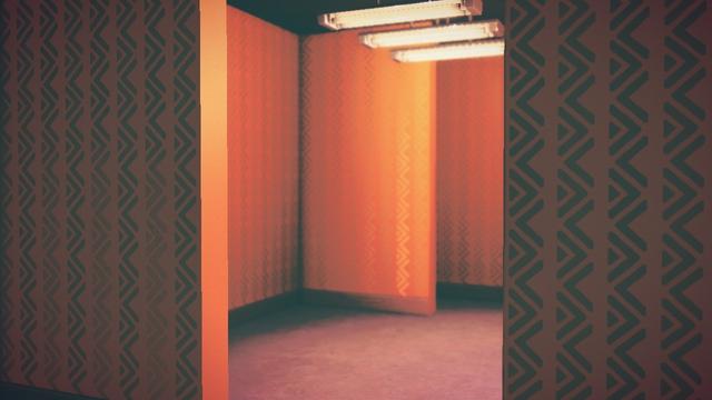 Animal Crossing: New Horizons screenshot. Looking into a room with Paradise Planning wallpaper (yellow with an angular pattern going from top to bottom) through two walls, there is a partial partition near a back wall and three fluorescent lights hanging from the ceiling. The floor appears to be concrete.