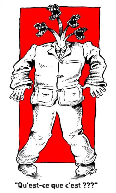 Une étrange silhouette au sommet de laquelle quatre bouches remplacent la tête, vêtue d'un costume trop grand, semble danser. Ce dessin est inspiré par le chanteur et guitariste David Byrne et son groupe Talking Heads.

A strange figure with four mouths replacing its head, dressed in an oversized costume, appears to be dancing. This drawing is inspired by singer and guitarist David Byrne and his band Talking Heads.