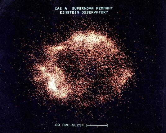 Cas A Supernova Remnant Einstein Observatory.

A bright ring of orange white dots on a black background. It looks somewhat like pixel art. The dots are scattered throughout the image, but are more concentrated in clumps from about 7 o'clock to 12 o'clock.

A scale bar marks 60 arc seconds, which is about 1/6 of the width of the frame.
