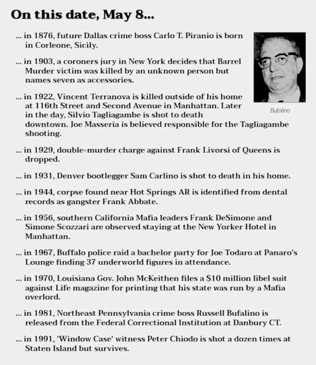 Collection of crime history items from May 8. Image of Russell Bufalino.