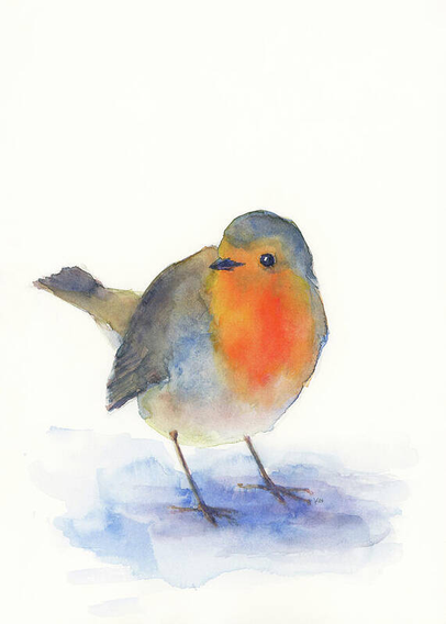 Smiling Robin is a watercolor painting in portrait format hand-painted by the artist Karen Kaspar.
A small European Robin with a bright orange breast stands on a light blue shadow. The background is minimalist and emphasises the colorful presence of the bird. The little bird looks towards the viewer and seems to smile at him in a friendly manner.
Like other songbirds, the robin is a welcome guest in my garden and always inspires me to create new paintings.