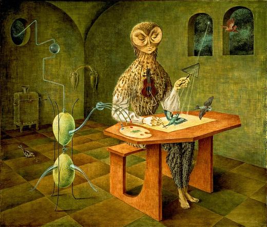 Creation of the Birds / Creación de las Aves (1957) by Remedios Varo (1908 - 1963) Painting of an owl woman creating birds. She’s sitting at a desk. There’s an ant-like machine on her right, distributing drops of blue, yellow and red paint onto her mixing plate. A beam of starlight is shone on the paper with a prism she is holding in her left hand. She wears a tiny violin like a pendant around her neck and a thread comes out of it, into the brush she’s using to create the birds. The combination of the paint and light creates a living bird, flying out of the canvas. There are other birds around, either flying or eating crumbs on the floor. alt text thanks to @unluckyhaircut@piaille.fr