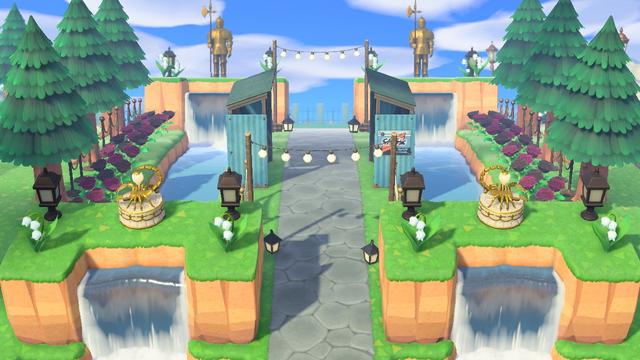Animal Crossing: New Horizons screenshot. There is a concrete walkway down the middle between two mirroring sides. Each side has an elevated waterfall with lilies of the valley, lamps, and a Scorpio lamp. This is followed by a series of two lighted archways, small mirroring water features on either side, and light blue transit seats in the center facing inward. On the far end is another set of two elevated waterfalls with golden suits of armor on top. On the outside of the water features on the right and left are a single row of alternating black and white roses with immediately outside of them, a row of fir trees.