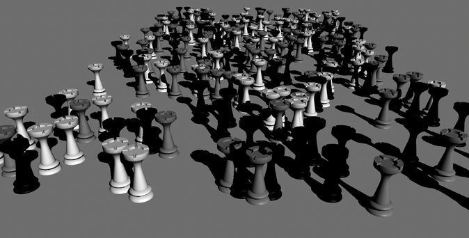 a more diverse army of rooks with a directional light casting shadows