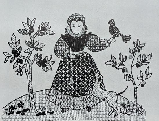 A black on white worked embroidery design in Erica Wilson's Embroidery Book showing a girl in full skirted Elizabethan dress with bodice and bonnet, with a bird in hand and a dog rising up on two legs in front of her, flanked by small fruit trees.