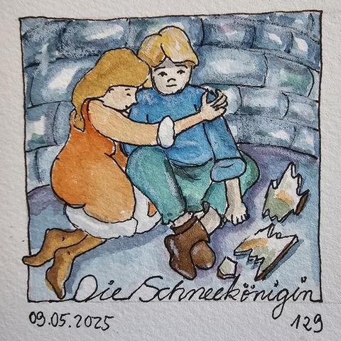 Aquarell: Vor einer Eisquaderwand sitzen ein Mädchen und ein Junge. Das Mädchen, ganz in warmen Farben dargestellt, umarmt glücklich den Jungen, der teilnahmslos vor sich hinstarrt. Vor ihm liegen die Scherben eines zersplitterten Spiegels. In die Umrandung eingearbeitet,  steht dort Schneekönigin geschrieben.