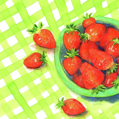 Frische saftige rote Erdbeeren in einer grünen Schale, die auf einem Tisch stehen, warten auf diesem Aquarellgemälde im zeitgenössischen quadratischen Format darauf, als süße Nachspeise verzehrt zu werden.
Während ich davon träumte, diese köstlichen Früchte in meinem Sommergarten zu ernten, spielte ich mit kontrastierenden Farben Rot und Grün und kontrastierenden geometrischen Formen wie runden Früchten und Schalen und geraden Linien für die Tischdecke im Hintergrund.
Guten Appetit!