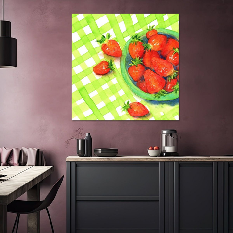 Bowl with fresh strawberries is a watercolor painting in contemporary square format painted by artist Karen Kaspar. A green bowl filled with fresh juicy red strawberries. The bowl is standing on a white and green checkered tablecloth. Some strawberries are scattered on the table next to the bowl.