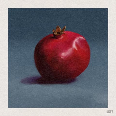 Digital gouache study of a whole pomegranate against a blue background.