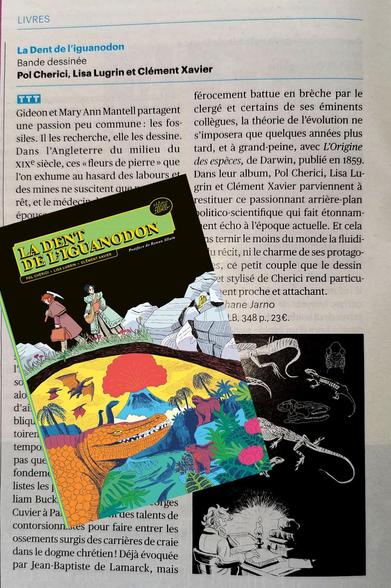 coupure de presse de l'article de Télérama sur la Dent de l'iguanodon, paru dans le Télérama du 7 mai 2025, en partie dissimulé par la couverture du livre.