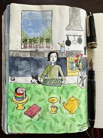 Sketch in sketchbook of me in an imaginary kitchen holding a sheet pan filled with Brussels sprouts. There is also a cake, teapot, tea cup notebook with fountain pen and a vase with flowers