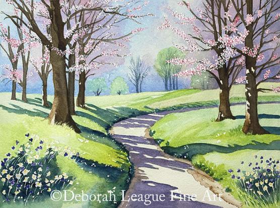 Discover the beauty of spring in this enchanting watercolor landscape painting, featuring delicate cherry blossoms in full bloom, a sunlit winding path, and lush rolling green hills. The vibrant yet soothing pastel hues create a peaceful atmosphere, making this artwork perfect for nature lovers and home decor enthusiasts. Ideal for art collectors and those seeking spring-inspired wall art, this piece embodies the essence of renewal and tranquility.

A winding path leads through a vibrant spring landscape with blossoming trees and lush green grass. Delicate flowers line the path, and the scene conveys a sense of tranquility and renewal.