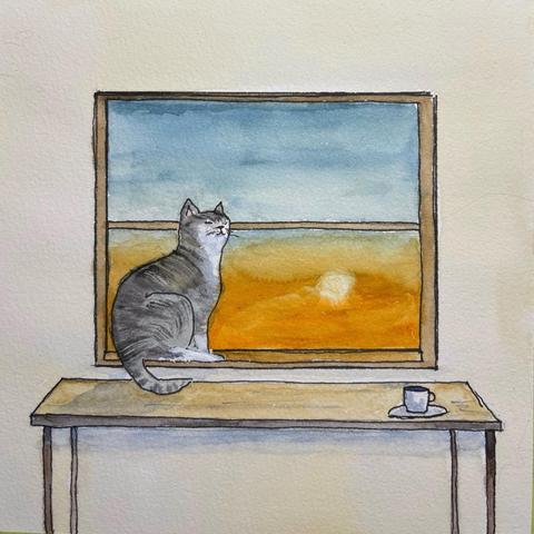 Painting of a cat in the window.