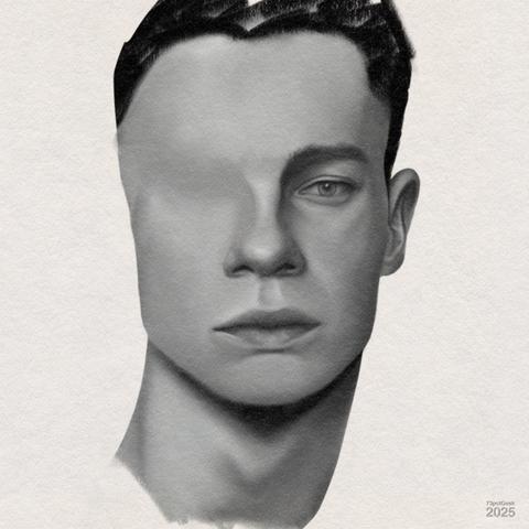 Unfinished black and white digital gouache painting of a man’s head.