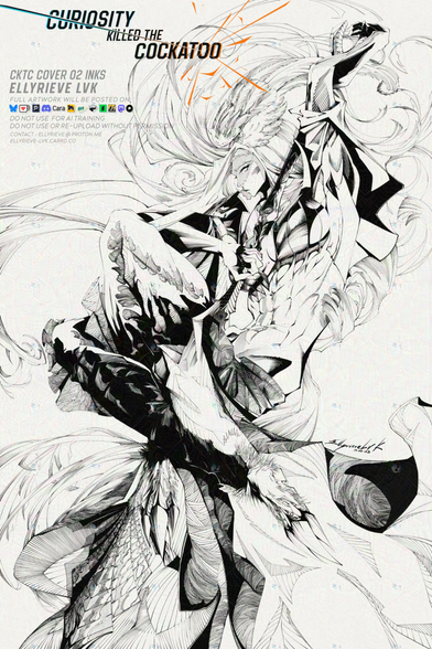 Inked cover art of a vaguely depressed Cockatoo woman grasping an over-decorative shovel. Art and Story by Ellyrieve LVK, all rights reserved.