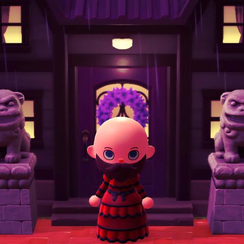Dramatic filtered Animal Crossing: New Horizons screenshot. Image set in the dark with rain visible. A light skinned, bald, Pirate bearded human is looking intensely toward the camera in front of a dark colored house with a purple wreath on the purple door and two stone lion dogs on either side. The person is wearing a red Victorian dress.