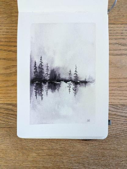 This is a monochromatic atmospheric watercolor painting of a reflective tree line. It's 5x8 ish in portrait orientation with clean borders (taped off during painting) I used Daniel Smith Lunar Violet which is a combination of ultramarine Violet and Mars black both of which are granulating pigments. A heavy mass tone horizon line is placed a little less than halfway down the page. The horizon line thins and fades out going right and dark blooms are focused on the left side. A few evergreens are placed along the horizon line and are reflected. Moving away from the horizon line, both up and down, the pigments fade to lighter values making up the atmosphere and its reflection.