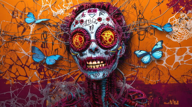Éclosion Neuronale
Portrait chaotique et organique d’un crâne cybernétique orné de papillons bleus et de câbles rouges sur fond orange saturé.
Chaotic, organic portrait of a cybernetic skull adorned with blue butterflies and red wires against a saturated orange backdrop.