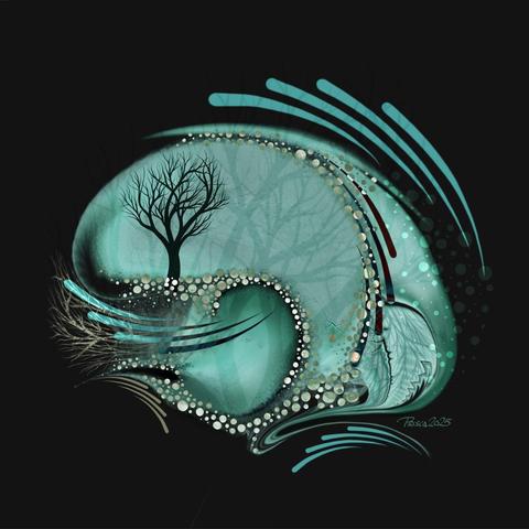 watercolour & ink; dark background with abstract rounded shape with curved intersections, the edges are covered in golden pebbles, a lone tree grows in an upper right section, groups of 3 curves droplets are randomly positioned around the image, colour varies in tones of aqua blue and muted pale brown