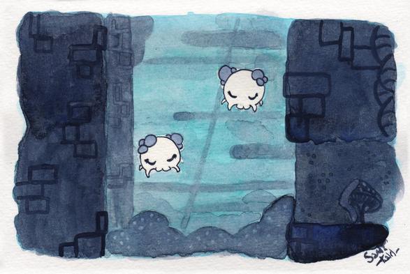 Watercolour of an area of the Junk Pit in Hollow Knight. There are dark walls either side and a pair of little balloon fungus creatures placidly floating through the air.