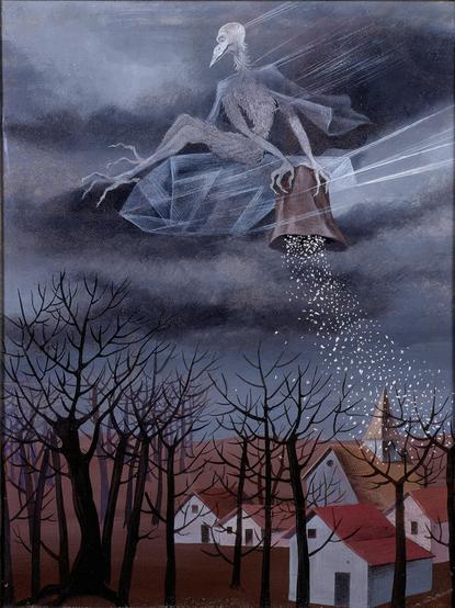 Cold (Winter) / Frio (Invierno) (1948) by Remedios Varo (1908 - 1963) An ethereal grey figure with bird-like claws and beak rides a large shard of ice swiftly through a dark sky. As it goes, it scatters snow onto houses and bare trees below.  Alt text thanks to Jen Phillips