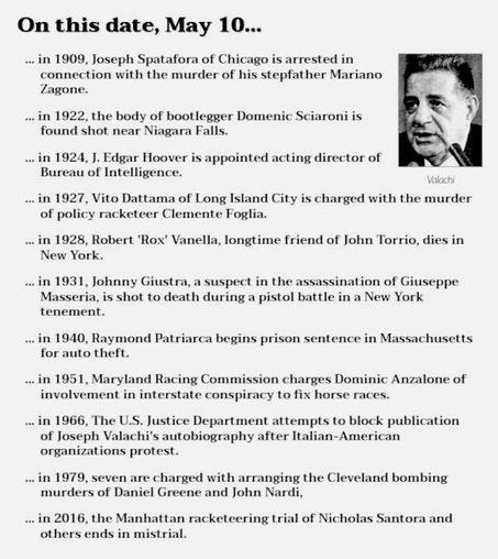 Collection of crime history items from May 10. Image of Joseph Valachi.