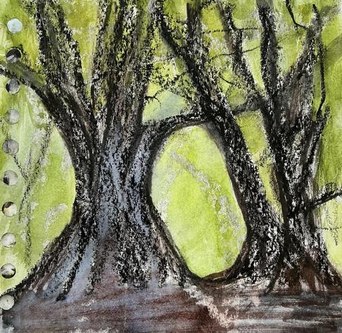 Mixed media sketch of 2 big trunks in dark colours against a background is spring green. Mixed media using oil pastel, watercolour and pens