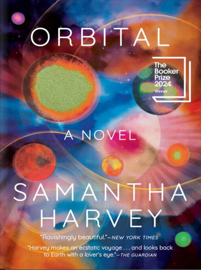 Cover of Orbital by Samantha Harvey.  Several planets in bright shades of pink, orange, and purple on the background of a nebula.