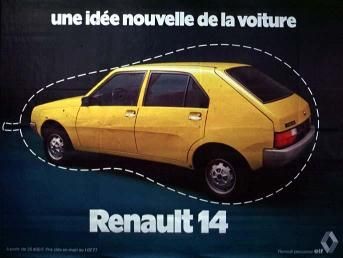 publicité Renault 14, "une nouvelle idée de la voiture" (des pointillés soulignant son design piriforme)