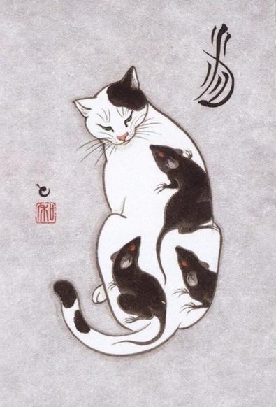 A black and black cat looking over its left shoulder. White with a black patch around the left ear.  Looking at the black rats with red eyes climbing up her body but as a tattoo or the natural markings. One rat almost to the face, one on the left hip and one coming around from the right hip. Tail curl and tip up with a black top and one black spot below the tip.

The image shows a Monmon Cat, a style of tattooed cat art created by Japanese tattoo master Horitomo. "Monmon" is Japanese slang for "tattoo".