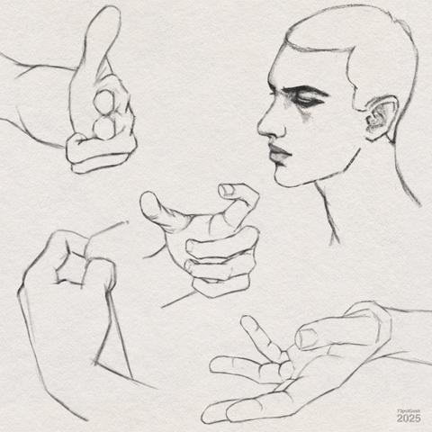 Digital graphite sketches of four differanse in various poses, and a man’s head in profile.