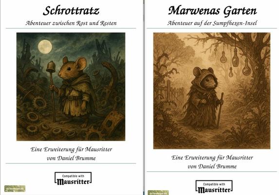 Screenshot der Titelseiten zweier ebooks zum Mausritter Rollenspiel. Links: "Schrottratz: Abenteuer zwischen Rost und Resten", rechts "Marwenas Garten: Abenteuer auf der Sumpfhexen-Insel"