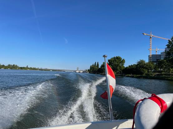 Foto vom Heck eines Sportboots, das auf der Donau fährt. Man sieht die Landesflagge (AT) und das Kielwasser, an der rechten Seite noch ein Stück eines alten Rettungsrings