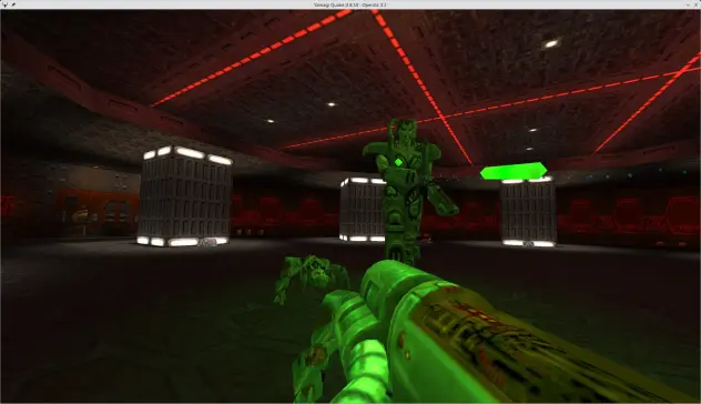 🕶️ An FPS view (taken from the author's mastodon feed) showing the player armed with a futuristic rifle facing 2 green aliens, one of whom looks like a spider-robot, in a large, dimly-lit futuristic room.

📚️ Quake 2 is the 2nd episode of the series, and an FPS in which the player is Bitterman, a Marine taking part in a counter-offensive of the Earthlings on the planet Stroggos. Most of the soldiers are captured or killed during their approach. Bitterman crashes outside the planned area and is forced to infiltrate the Stroggs' capital alone. Yamagi Quake II is an open source, single/multi (offline co-op), multi-platform port that emphasizes gameplay and graphics fidelity while offering its modernization (OpenGL 3.2, 64-bit, multi-screen support, 7.1 stereo sound, ...). Moreover it offers a good installer that takes care of the automatic loading of the shareware version to get started. A very good tool, easy to use.