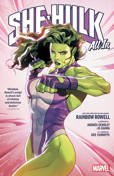 Book cover for She-Hulk Vol. 5: All In by Rainbow Rowell, Ig Guara, Andrés Genolet, and Dee Cunniffe

Features She-Hulk in her purple and white Avengers superhero swimsuit and purple gloves. She's looking at the camera and posing like she will punch you.