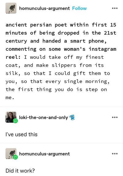 ancient persian poet within first 15 minutes of being dropped in the 21st century and handed a smart phone, commenting on some woman's instagram reel: I would take off my finest coat, and make slippers from its silk, so that I could gift them to you, so that every single morning, the first thing you do is step on me.

I've used this

Did it work?