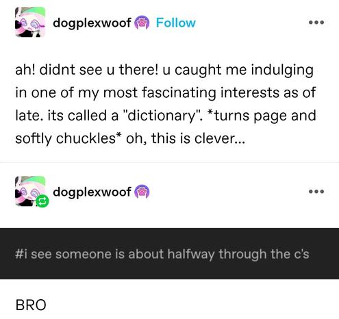 ah! didnt see u there! u caught me indulging in one of my most fascinating interests as of late. its called a "dictionary". *turns page and softly chuckles* oh, this is clever...

Screenshotted tag: i see someone is about halfway through the c's