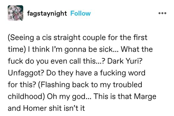 (Seeing a cis straight couple for the first time) I think I’m gonna be sick… What the fuck do you even call this…? Dark Yuri? Unfaggot? Do they have a fucking word for this? (Flashing back to my troubled childhood) Oh my god… This is that Marge and Homer shit isn’t it