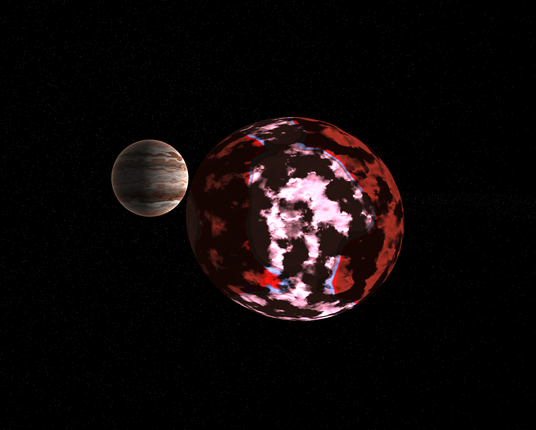 A screenshot of a rocky planet near a Jupiter-like Class 1 gas giant