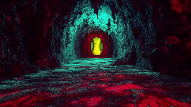 Le Noyau
Une grotte obscure et vibrante s’ouvre sur un mystérieux ovale jaune lumineux, comme une faille au cœur d’un monde souterrain.
A dark, pulsating cave opens onto a glowing yellow oval, like a rift in the heart of an underground world.