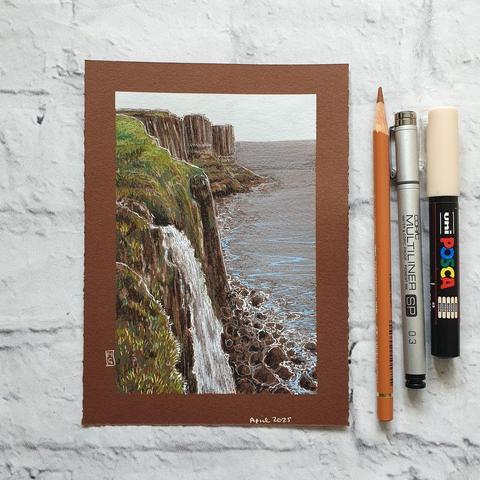 A small drawing of Kilt Rock on the Isle of Skye, Scotland.  The drawing features the rocks, the sea, the waterfall and a grey sky.  The drawing is on dark brown paper.  It measures 5 by 7 inches. 
Kilt Rock is a stunning natural attraction on the Trotternish Peninsula with a 90-metre-high wall of basalt and dolerite columns resembling a tartan kilt. You can also see a nearby waterfall from the viewpoint there. 
An original art work
Colour pencil and mixed media on acid free toned artist paper
5 by 7 inches (12.7 by 17.8 cm).
Sold unframed