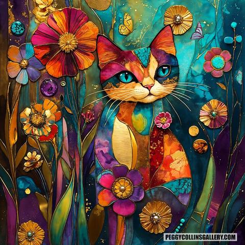 Colorful whimsical artwork of a cat sitting in a flower garden, by artist Peggy Collins.