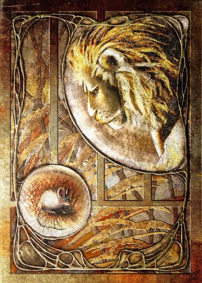 An illustration inspired by The Lion and the Mouse, done in a stylized Art Nouveau style with heavy canvas and paint textures in golds, yellows, oranges, and browns. A lion looks down at a mouse, with suggestions of rope and grasses framing them among raised filigree clay.