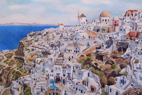 Watercolor painting of Santorini island. Many white buildings with windows, doors, stairs. Blue water on the left side, hills in the distance.