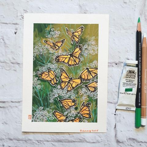 A small drawing of a group of orange and black monarch butterflies in flight with a green background with abstract flowers. The drawing is on white paper.
The name monarch is believed to have been given in honour of King William III of England, as the butterfly's main colour is that of the king's secondary title, Prince of Orange.
An original art work
Colour pencil and mixed media on acid free toned artist paper
5 by 7 inches (12.7 by 17.8 cm).
Sold unframed
