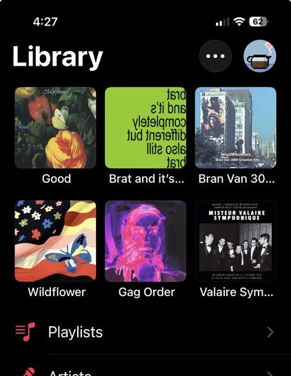 apple music with six critical albums pinned to the top of my library:

morphine’s good, charli xcx’s brat and it’s completely different but also still brat, bran van 3000 greatest hits, avalanches’ wildflower, kesha’s gag order, and valaire symphonique