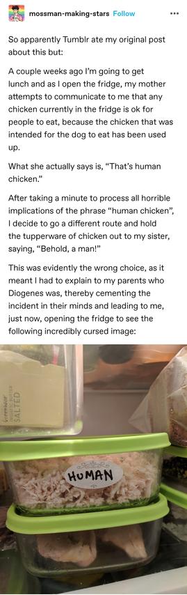 So apparently Tumblr ate my original post about this but:

A couple weeks ago I’m going to get lunch and as I open the fridge, my mother attempts to communicate to me that any chicken currently in the fridge is ok for people to eat, because the chicken that was intended for the dog to eat has been used up. 

What she actually says is, “That’s human chicken.”

After taking a minute to process all horrible implications of the phrase “human chicken”, I decide to go a different route and hold the tupperware of chicken out to my sister, saying, “Behold, a man!”

This was evidently the wrong choice, as it meant I had to explain to my parents who Diogenes was, thereby cementing the incident in their minds and leading to me, just now, opening the fridge to see the following incredibly cursed image:
Photo of a tupperware full of shredded chicken with a handwritten label saying "human"