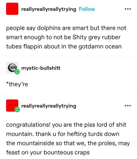 really really really trying: people say dolphins are smart but there (t h e r e) not smart enough to not be Shity grey rubber tubes flappin about in the gotdamn ocean

mystic bullshit: *they're 

really really really trying: congratulations! you are the piss lord of shit mountain. thank u for hefting turds down the mountainside so that we, the proles, may feast on your bounteous craps